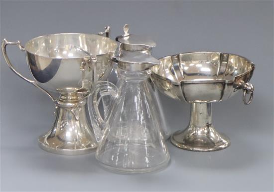 A stylish George V silver pedestal tyg, Edward Barnard & Sons Ltd, London, 1931, a silver pedestal dish and pair of whisky tot jugs.